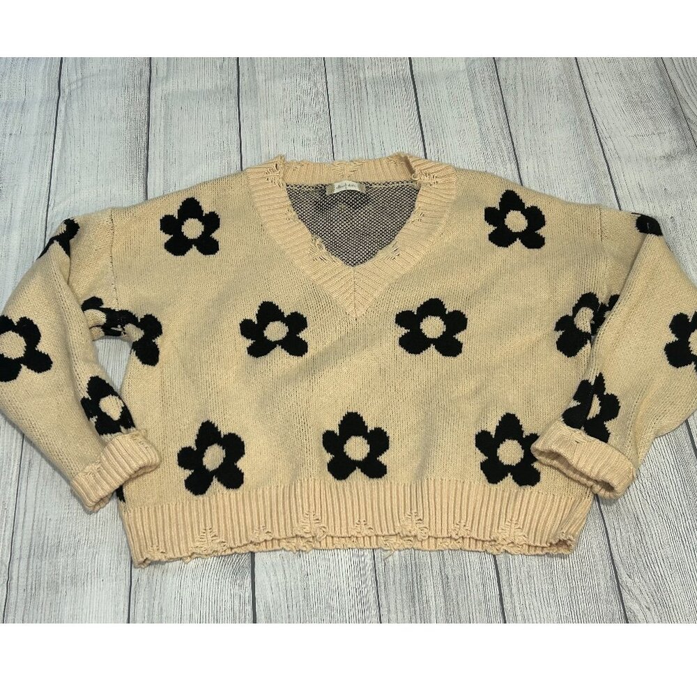 Altar'd State Beige Black Flower Knit Pullover Soft Cozy Distressed Sweater Sz S
